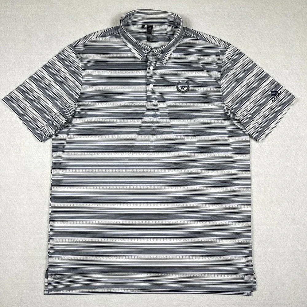 Adidas Polo Shirt Mens‎ Large Gray Striped Golf Casual Vacation Travel Preppy